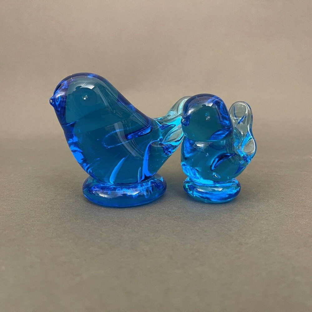 Vintage Leonard Love Birds Blue Glass Signed 1988 Lot‎ of 2